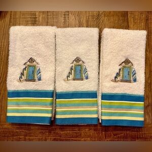 Croscill Hand Towels (3) Embroidered Beach Hut, Surf Board - White with stripes